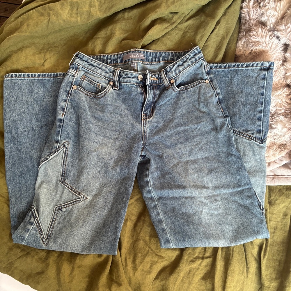 Light Blue Straight Leg Women's Jeans with Star Patch - Unbranded